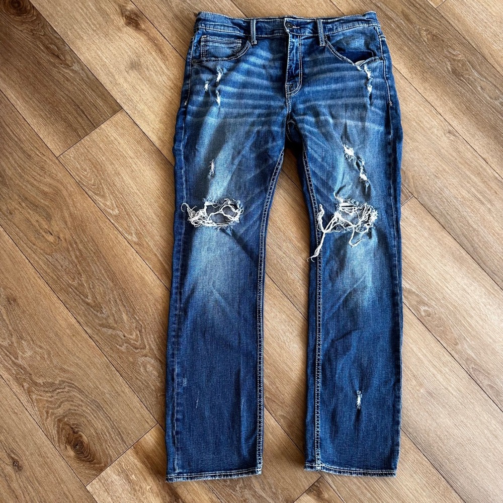 BKE Jake Straight Leg Distressed Jeans Mens 36x32 Medium Wash Blue Denim